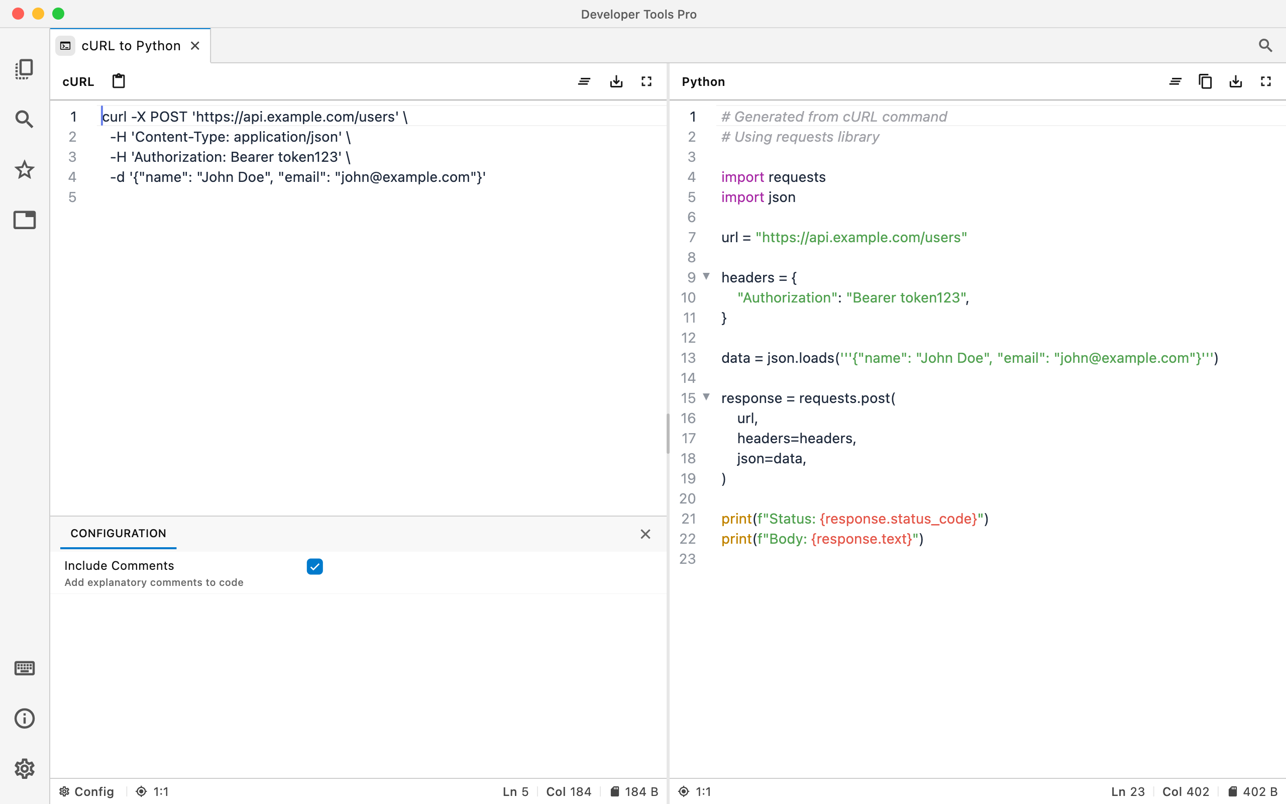cURL to Python converter in DevT Pro