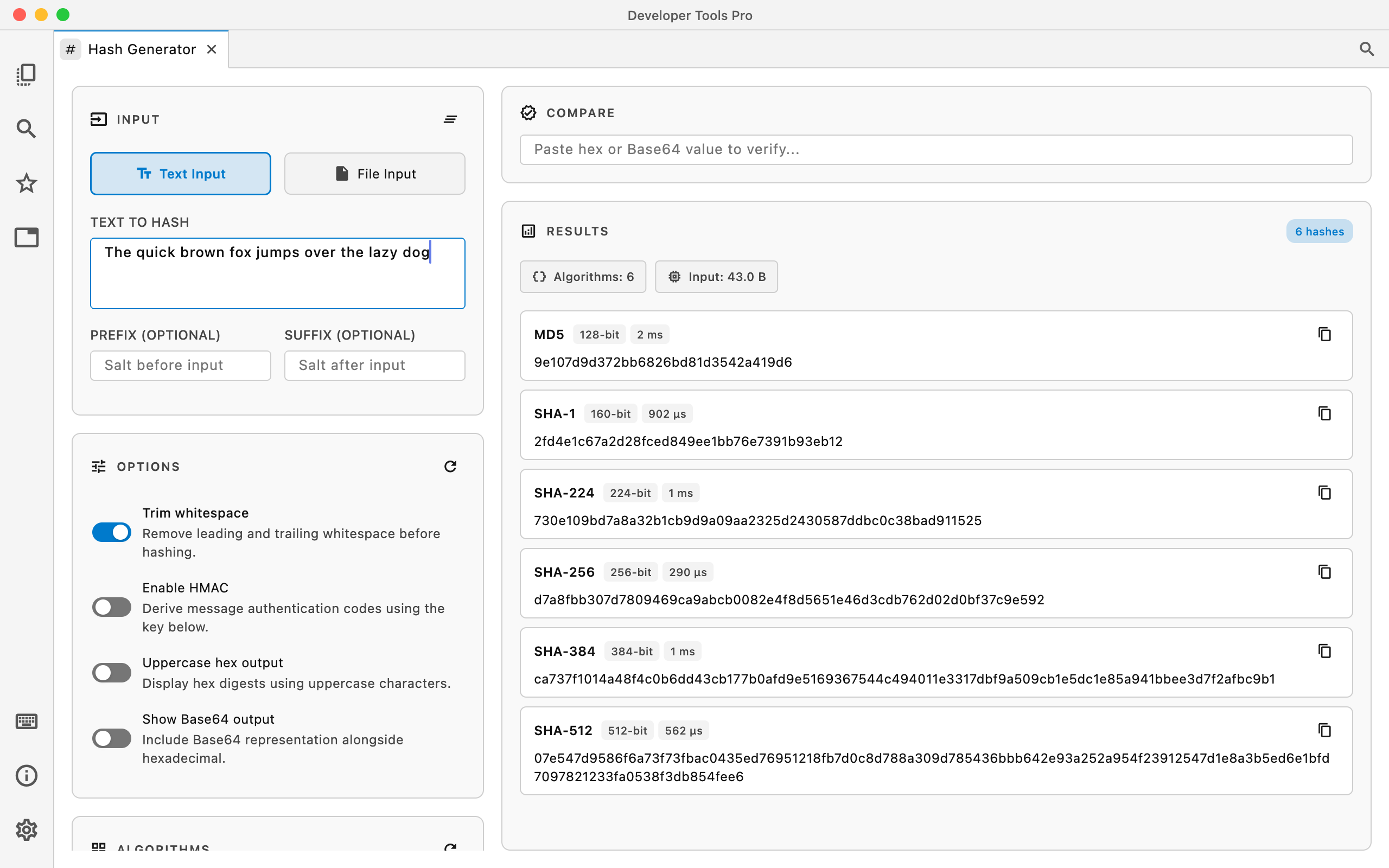 Hash Generator in DevT Pro