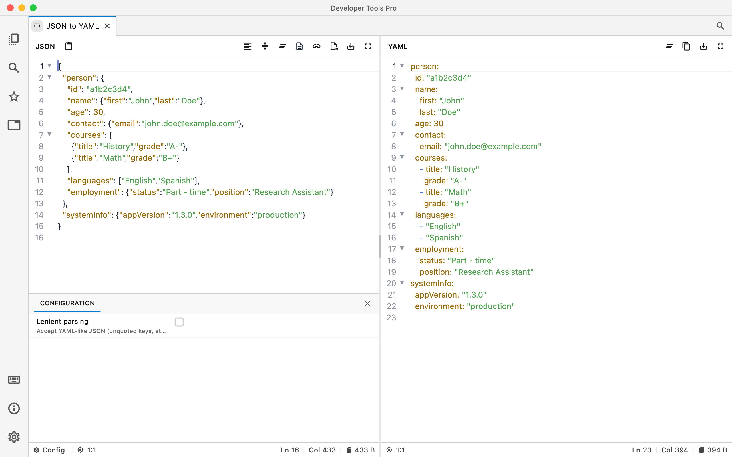 JSON to YAML converter in DevT Pro